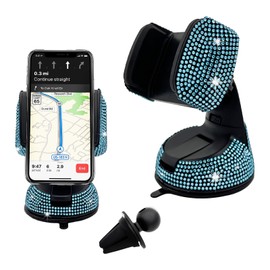 Wevdn Phone Holder for Car, 360° Rotatable Sparkling Diamond Phone Mount with Suction Cup Base, Rhinestone Phone Holder for Dashboard Air Vent Windshield, Universal Car Accessories (Lake Blue)