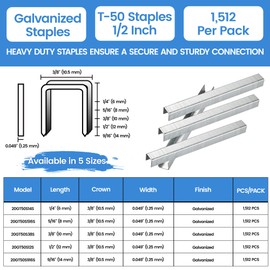 meite T-50 Staples, 1/2 Inch Length Heavy Duty Staples for Staple Gun, Galvanized, 20 Gauge 3/8" Crown, Compatible with T-50 Staple Gun, Ideal for Upholstery, Construction, Furniture (1,512 Counts)