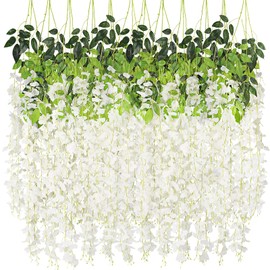 CEWOR 12pcs Wisteria Hanging Flowers 3.7 Ft Artificial Vine Fake Garland Silk String for Wedding Party Garden Outdoor Greenery Home Wall Decoration (White)