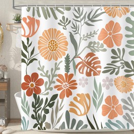 JAZEAOI Cute Boho Floral Shower Curtain, Mid Century Modern Abstract Green Orange Plant Funky Aesthetic Bathroom Decor, Waterproof Polyester Fabric Bath Curtain with Hooks 72x72 Inch
