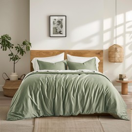 EVERGRACE Cotton Tencel Duvet Cover Set Queen Size, Silky Soft Cooling Duvet Cover for Hot Sleepers, Luxe Eucalyptus Lyocell Comforter Cover, Breathable Organic Bedding Set with 2 Shams, Sage Green