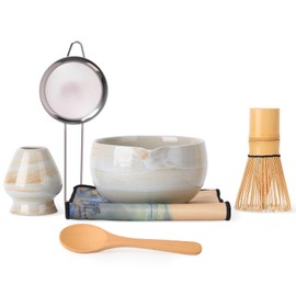 VONAHAST Japanese Matcha Whisk Set - 6-Piece Kit with Bamboo Chasen, Matcha Ceramic Bowl with Spout, Stainless Steel Sifter White