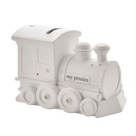 Happy Homewares Adorable Bambino White Resin Children's Decorative Keepsake Money Box - Train - Perfect for a Little One Saving for a Rainy Day