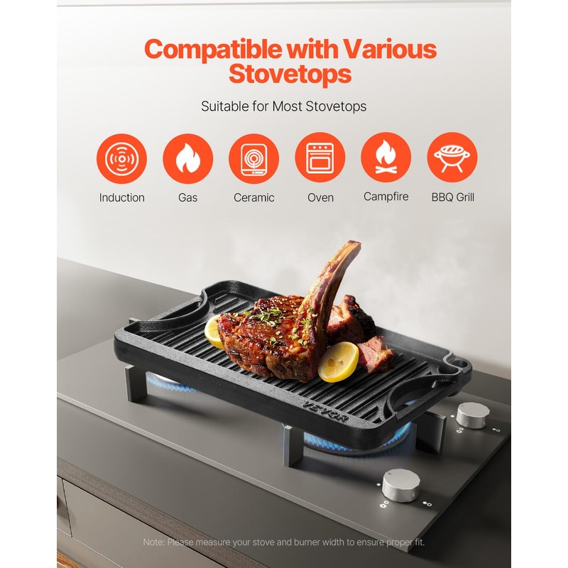 VEVOR Reversible Grill/Griddle, 14x8.5 inch Pre-Seasoned Cast Iron Griddle, Portable