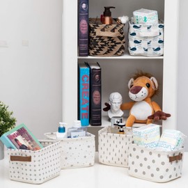 LessMo 4 Pack Storage Baskets, Collapsible Mini Storage Boxes, Canvas Fabric Waterproof Storage Bins made from Cotton and Linen, for Toys, Bathroom, Closets, Playroom (GREY-SPOT, Thin/waterproof)