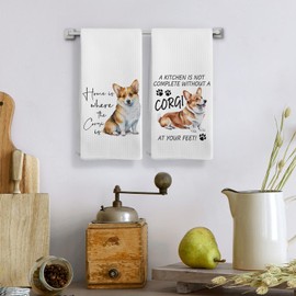 Qeheb Dog Corgi Kitchen Towels, Home is Where The Corgi is Kitchen Towels Decorative Set, Corgi Gifts for Corgi Lovers, A Kitchen is Not Complete Corgi Pets Dog Hand Dish Towels for Kitchen 16x24in