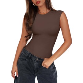 PINKMSTYLE Crew Neck Tank Top Sleeveless Bodysuit for Women Tummy Control Shapewear Thong Bodysuit Tops Dark Brown X-Large