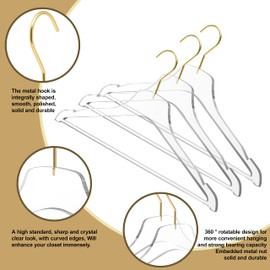 Quality Acrylic Clear Lucite Hangers 20-Pack with Bar Matte Gold Hanging Hooks for Clothes, Pants, Suit Jackets, Coats, and Shirts, Closet and Wardrobe Organization (Matte Gold Hook, 20)