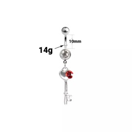 Luxe Modz Belly Navel Dangle Ring Key with Red Rose and CZ Gem Design 14g