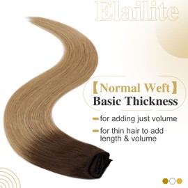 Elailite Clip-In Real Hair Extensions, 8 Wefts, Straight, #4T27, Medium Brown, Ombre, Dark Blonde, Real Human Hair, 55 cm - 75 g