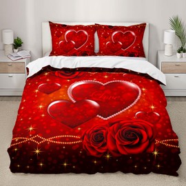 AILONEN Hearts Lover Duvet Cover Set Queen Size,3D Red Rose Comforter Cover Set,Valentine Couples Hearts Bedding Set for Room Decor 3 Pieces, 1 Quilt Cover and 2 Pillowcases