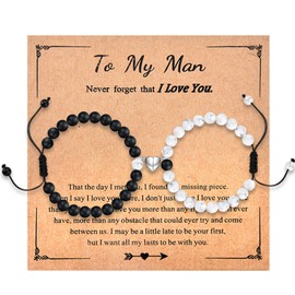 CERSLIMO Couple Bracelets Gifts for Couples with To My Man Card, Matching Long Distance Touch Bracelets, Magnetic Heart Bracelets for Boyfriend Husband Fiance Anniversary Valentines Day Gifts