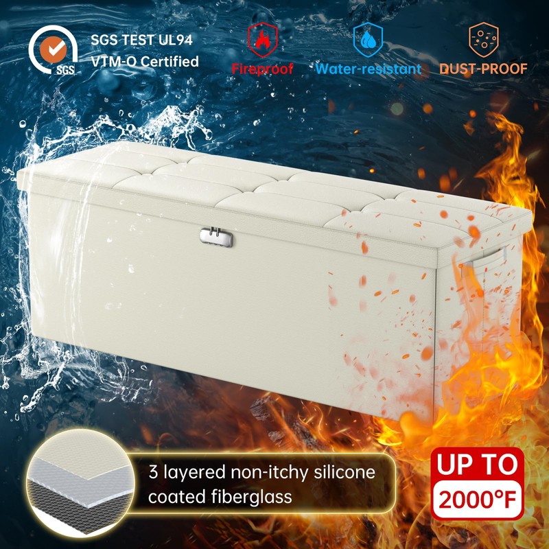ENGPOW Storage Ottoman,Fireproof Folding Storage Bench with Lock(15”x 43”x15”),Waterproof Leather