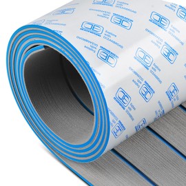 OCEANBROAD Boat Flooring EVA Foam Self-Adhesive 96''x45.6'' Faux Teak Marine Boat Decking Sheet for Boats Pontoon Jon Boat Yacht Floor, Gray with Blue Seam Lines