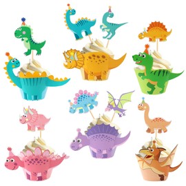 Ercadio 48 Pack Assembled Dinosaur Cupcake Toppers and Dinosaur Wrappers Dinosaur Birthday Cupcake Picks Dinosaur Cupcake Toppers for Baby Shower Birthday Dinosaur Theme Party Supplies
