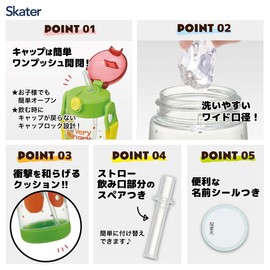 Skater PDSH5 Children's Drinking Bottle with Straw, Clear, One Push, 16.9 fl oz (480 ml), Girls