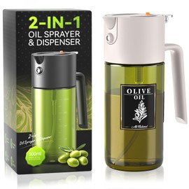 2-IN-1 500ml/17oz Light-Blocking Dark Oil Sprayer for Cooking W/Stickers, Dark Green Glass Olive Oil Dispenser Bottle for Kitchen, Even Spray with Portion Control, Perfect for Air Fryer, BBQ-White