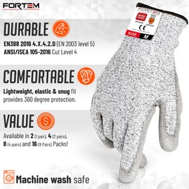 FORTEM Cut Resistant Work Gloves, 4 Gloves, Level 5 Protection, Food Grade, EN388 Certified, Protective, Durable Grip PU Coated Palm (Medium)