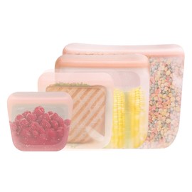 purifyou Set of 4 Reusable Silicone Storage Snack Bags 6oz / 16oz / 32oz / 64oz Self-Seal Food Storage Container for Fruits, Vegetables, Sandwiches, Dishwasher Safe & Leak-free (CloudPink)