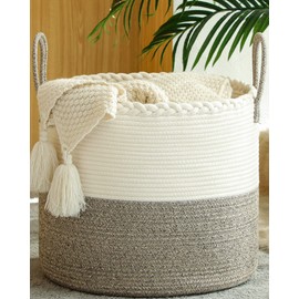 KAKAMAY Large Blanket Basket (18"x18"x16"),Woven Baby Laundry Hamper for Storage, Cotton Rope Blankets Baskets for Nursery, Laundry, Living Room, Pillows, Baby Toy chest with Handles (White/Beige)