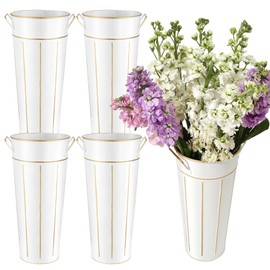 Dualshine 12 Inch Galvanized Flower Bucket, Bloom Bar, 4 Pcs Metal Bucket with Handles, Flower Bar Supplies, Farmhouse Wedding Centerpiece, Home Decor, Balcony Garden (White)