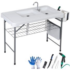 ZENY Fish Cleaning Table with Sink, 42.4" Width Portable Folding Camping Table, Outdoor Fish Cleaning Station with Grid Rack and Fish Cleaning Kit for Picnic