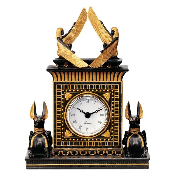 Design Toscano Temple of Anubis Egyptian Revival Desk Mantel Clock Statue, 8 Inch, Black and Gold