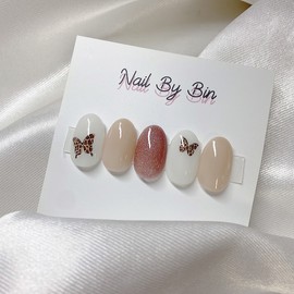 [Handmade Nail Tips] Butterfly Milk Tea Nails - Mini Oval / [수제네일팁] 나비밀크티 네일 - 미니오벌