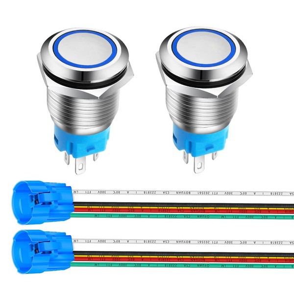 Gebildet 2pcs 0.63"/16mm SPDT LED Stainless Steel Push Button 12V-24V 5A 1NO1NC ON Off Waterproof with Wire Socket Plug (Blue LED)
