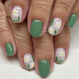 RUPOFUZA Press on Nails Square Short Fake Nails Green False Nails with Lovely White Flowers Design Nails Full Cover Stick on Nails Acrylic Artificial Nails Extra Short Glue on Nails for Women 24Pcs
