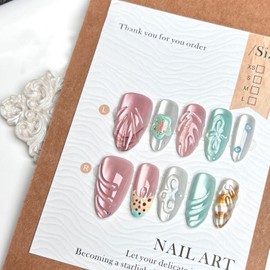 Colorful Flowers Press on Nails Medium Almond Fake Nails Shiny Cat Eye False Nails with Water Ripples Designs Acrylic Nails 3D Texture Flower Stick on Nails Glossy Full Cover Nails for Women 30Pcs