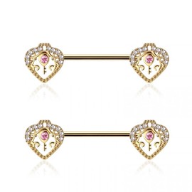14GA 316L Stainless Steel CZ Crystal Pink Key Heart Ends Nipple Barbells, Sold as a Pair (Gold Tone)