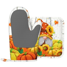 Boulda Thanksgiving Oven Mitts and Pot Holders Heat Resistant Autumn Pumpkin Kitchen Gloves Cotton Lining Waterproof Potholders 4 Piece Set for Cooking Baking Thanksgiving Decoration