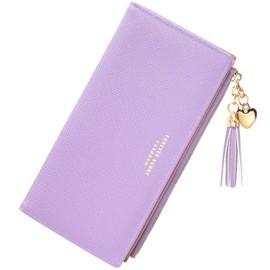 KOTORA Womens Slim Wallet Girls Thin Wallets Pretty Mini Long Card Holder Small Tiny Clutch Zip Purse Love Pendant Tassels Billfold (Lilac)
