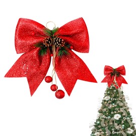 1P Red Topper Bows for Christmas Tree,9.8x11.8in Glitter Wreaths Bows Large Sequin Ties Xmas Bows for Tree Topper,Xmas Tree Bows,Foam Bows Ornaments for Christmas Tree,Wreaths,Garland Decor