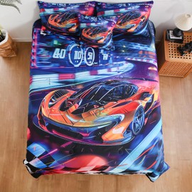 DORCAS Race Car Bedding Set Twin Size,6Pcs Racing Car Comforter Set,Twin Bedding Set for Boys Girls Kids
