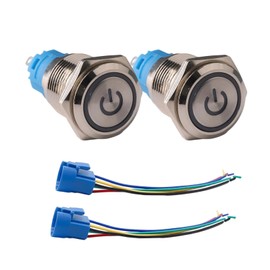 220V-230V Self-Locking Push Switch 16 mm Metal, On/Off Switch LED Illuminated Blue, Built-in Switch, Waterproof IP66, Push Button with Socket Cable for Start Power DIY