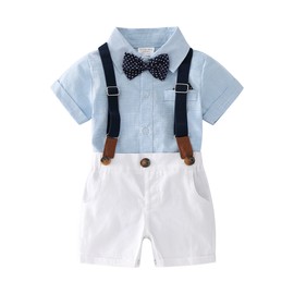 Conjunto de ropa de caballero para bebés y niños, camisa para bebé+pantalones cortos+corbata de lazo+tirantes, Azul claro y blanco., 18-24 Meses