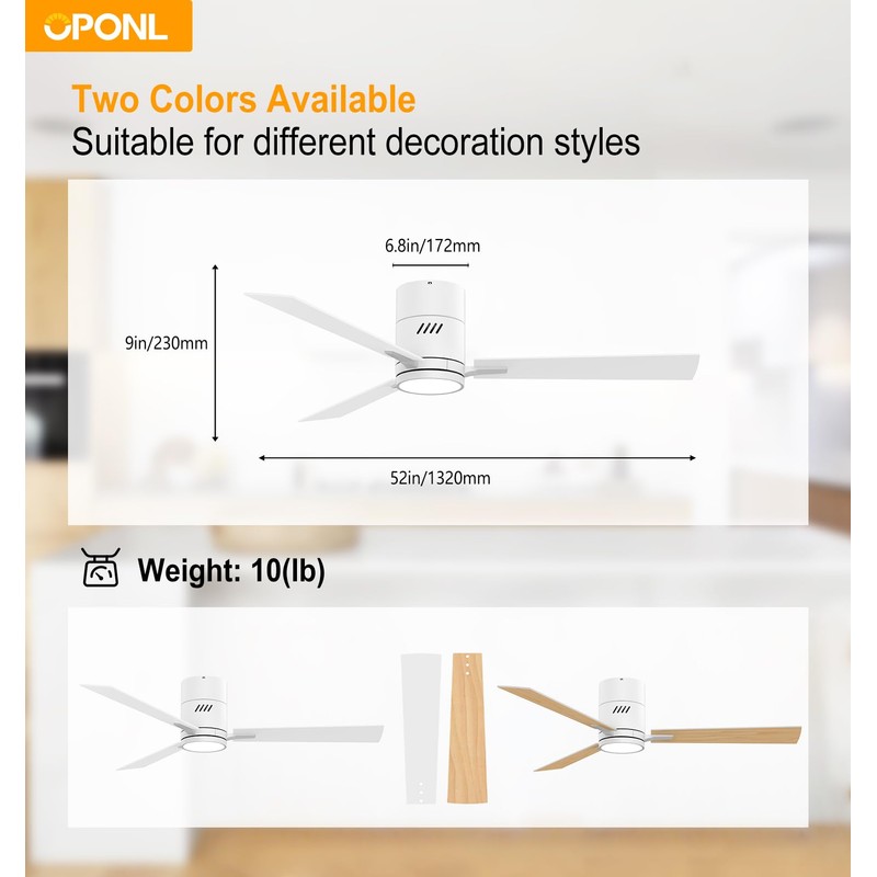 OPONL White 52 inch Ceiling Fan with Light, Remote Control,
