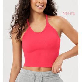 ODODOS Women's Crop 3-Pack Seamless Rib-Knit Camisole Crop Tank Tops, Long Crop, Neon Pink Green Orange, Medium/Large