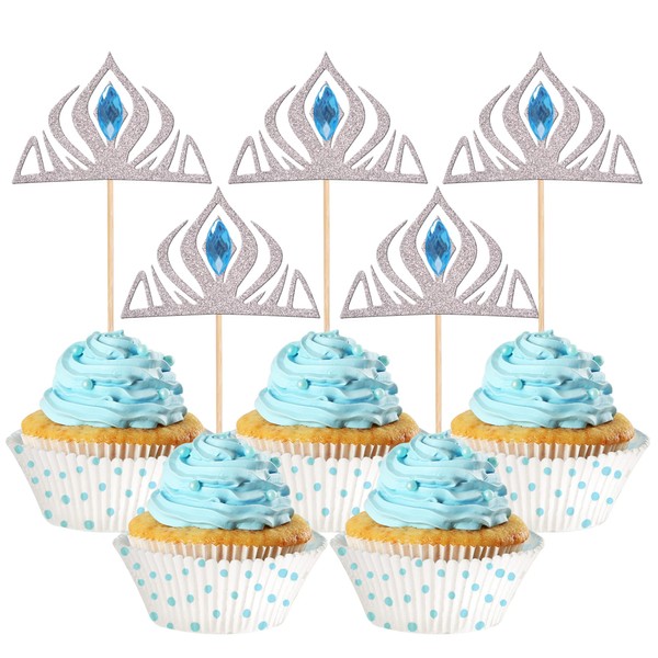 24 piezas de decoración para cupcakes con corona de princesa con vidrio de invierno congelado, para despedida de soltera, boda, baby shower, fiesta de cumpleaños, suministros de decoración de tartas, color plateado