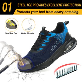 AONETIGER Safety Work Shoes Women Slip Resistant Safety Shoes for Manufacturing Industry Warehouse Breathable Puncture Proof Shoes Work Steel Toe Shoes Blue43