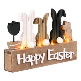 Valery Madelyn Easter Decorations, Lighted Wooden Easter Decor for Table, Easter Decorations for The Home Decor Shelf Tiered Tray Living Room Happy Easter Sign, 12 Inch, Beige White