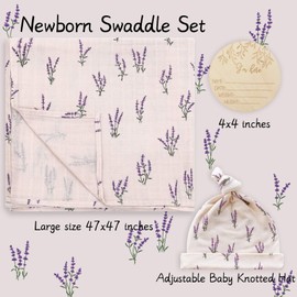 LifeTree Baby Swaddling Cloths Made of Cotton and Bamboo, Large Muslin Cloth, 120 x 120 cm, Muslin Nappies, Baby Blanket, Hat, Bow and Wooden Birthday Card Set, Lavender Design