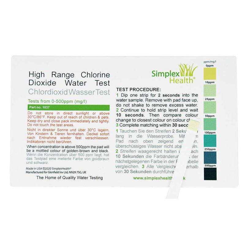 SimplexHealth Chlorine Dioxide 0-500ppm (50 Test Strips)