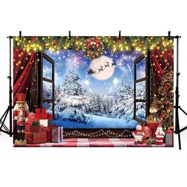 MEHOFOND 10x7ft Christmas Backdrop Winter Snow Scene Window Photography Background Christmas Wreath Christmas Tree Toy Doll Table Decor Family Party Banner Photo Studio Props