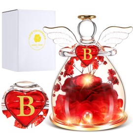 Moucuny Christmas Rose Gifts for Women, Preserved Flower Rose Gifts Angel Figurines in Glass,Birthday Gifts for Women, Angel Rose Gifts for Her Mom Mothers Grandma, Thanksgiving Gifts (Letter B)