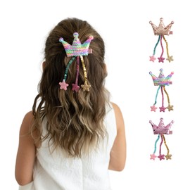 Summer Crystal Sparkling Sequins Crown With Tassels Hair Clips For Girls - Stylish Hair Accessories for Everyday, Birthday and Parties (3Pcs Crown Tassels BCM)