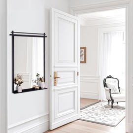 Chende Decorative Wall Mirror with Shelf, 22" x 30" Black Bathroom Mirror with Metal Frame, Modern Accent Mirror for Entrance, Living Room, Hallway