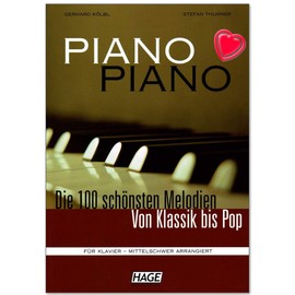 Piano Piano 1 – 100 Most Beautiful Melodies From Classical to Pop – Gents Medium Arranged for Piano – Note Book with Colorful Heart Shaped Note Clip Music Book "Rose: EH3643 ISBN: 9783930159888